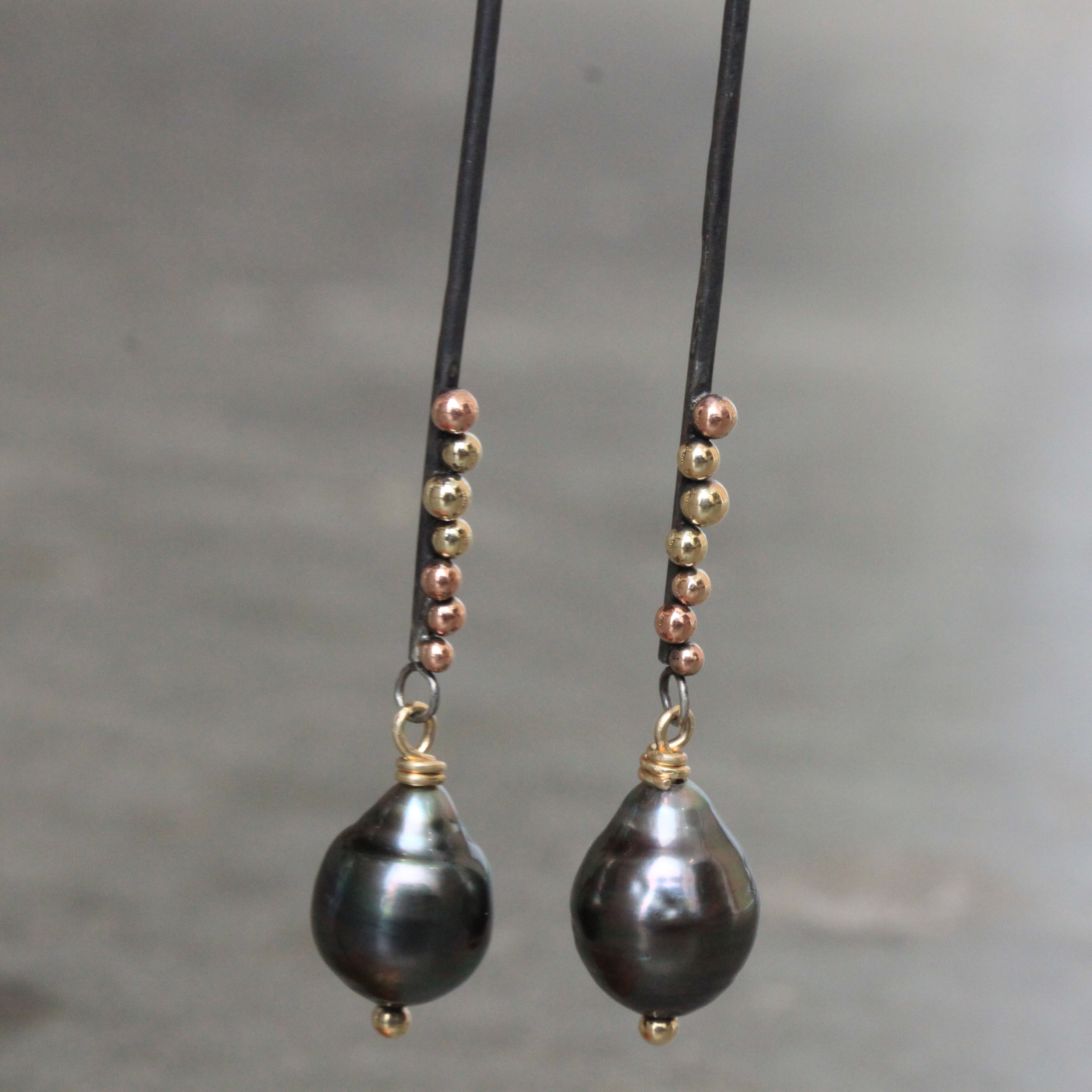 Tahitian Pearl Stick Earrings handmade at Rebecca Lankford's studio in Houston Heights, Houston, Texas