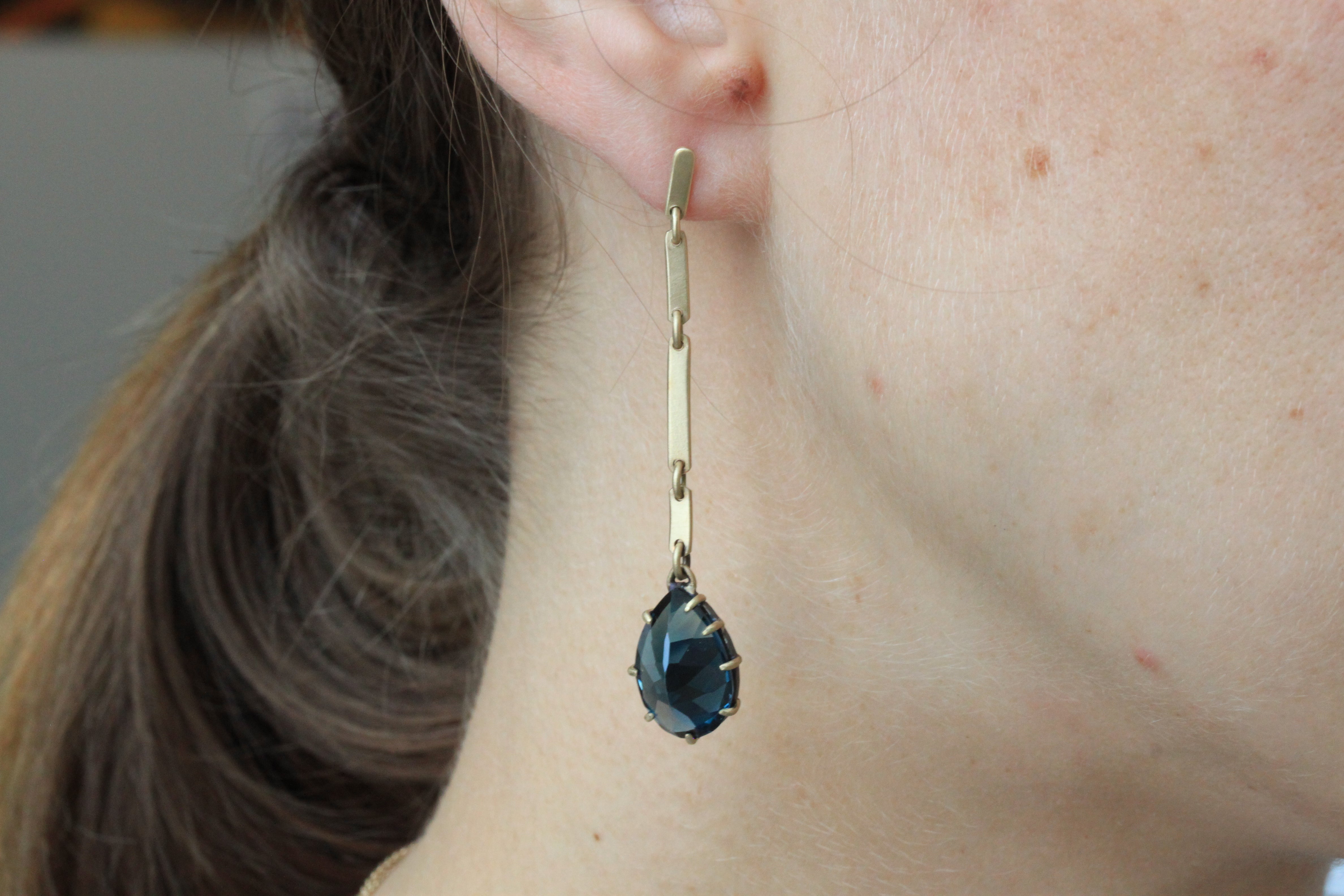 London Blue Topaz drop earrings handcrafted by Rebecca Lankford, a Houston jeweler.