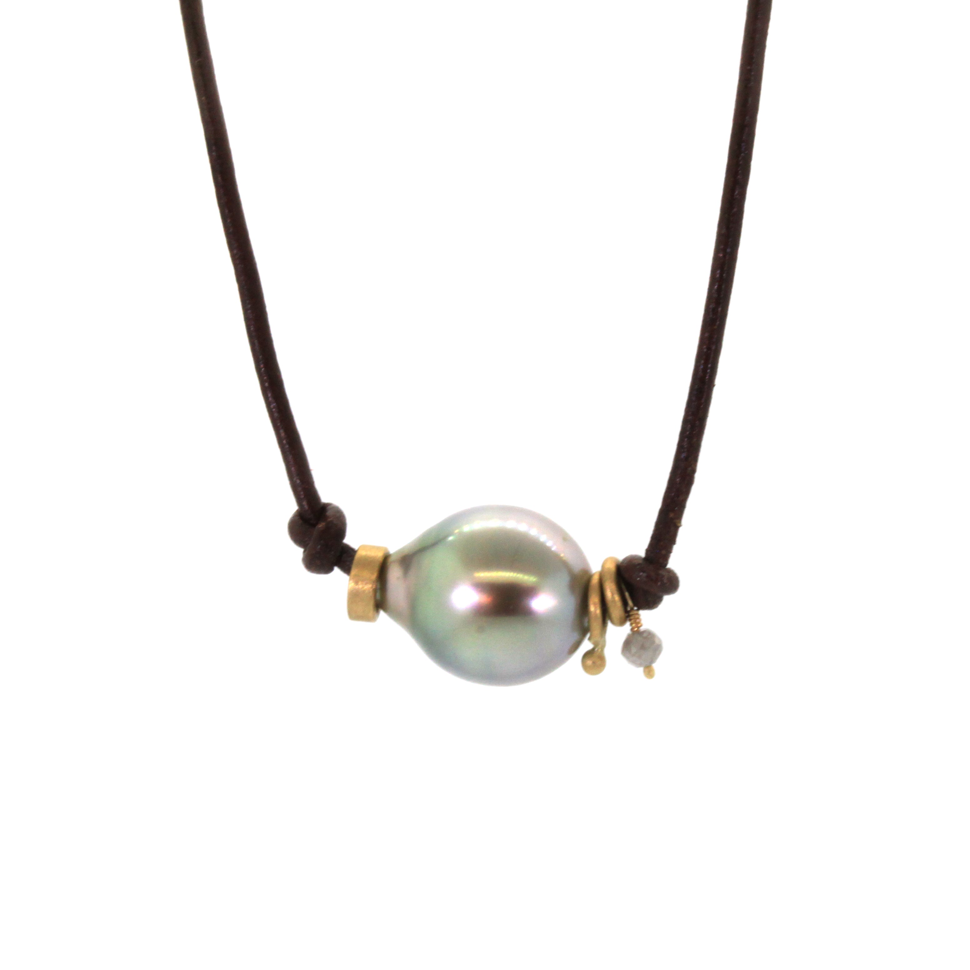 Grey pearl and leather necklace handcrafted by Houston jeweler, Rebecca Lankford