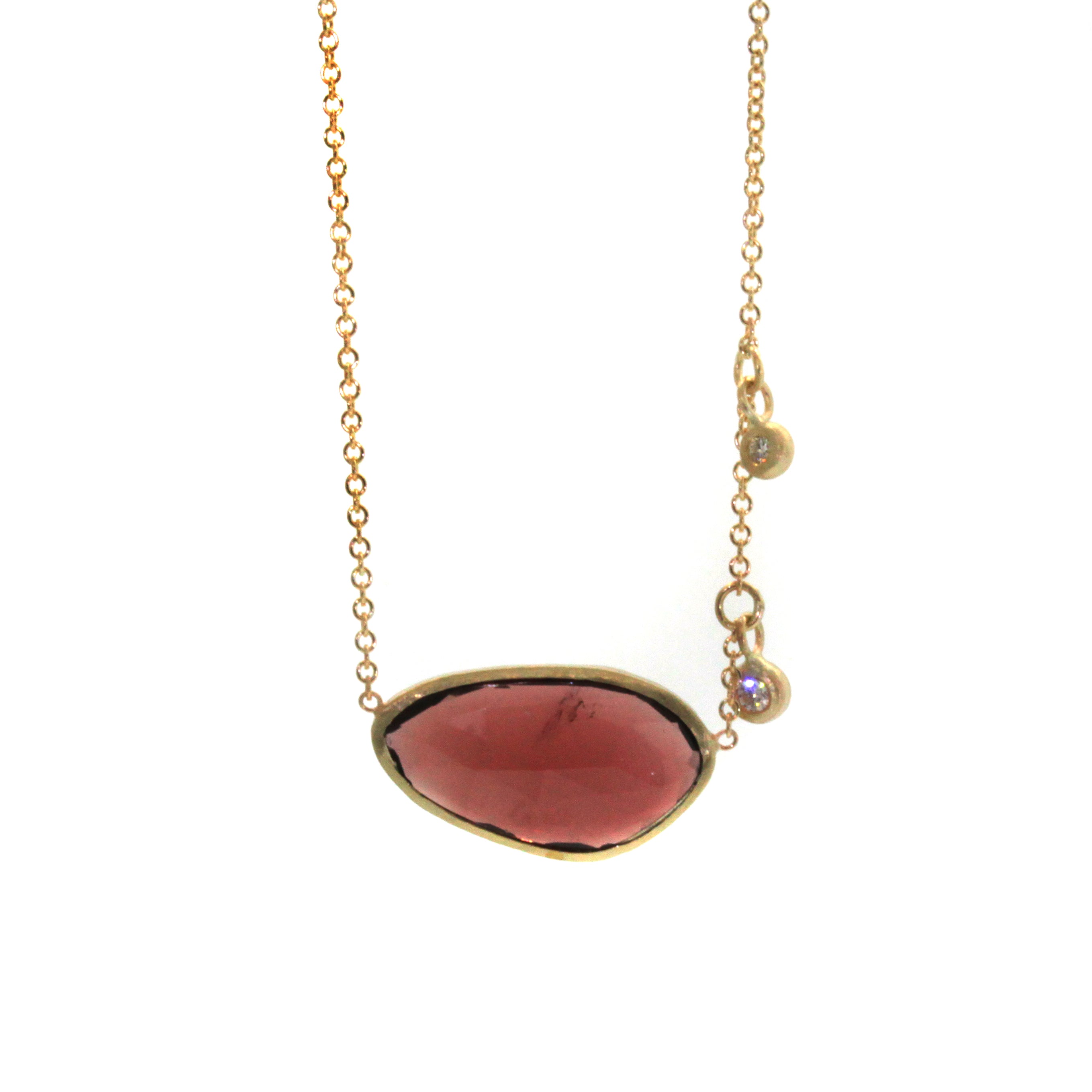 Garnet & Diamond Necklace hand crafted in Houston, Texas by Rebecca Lankford. Each stone is hand picked and individually set upon order of necklace. 