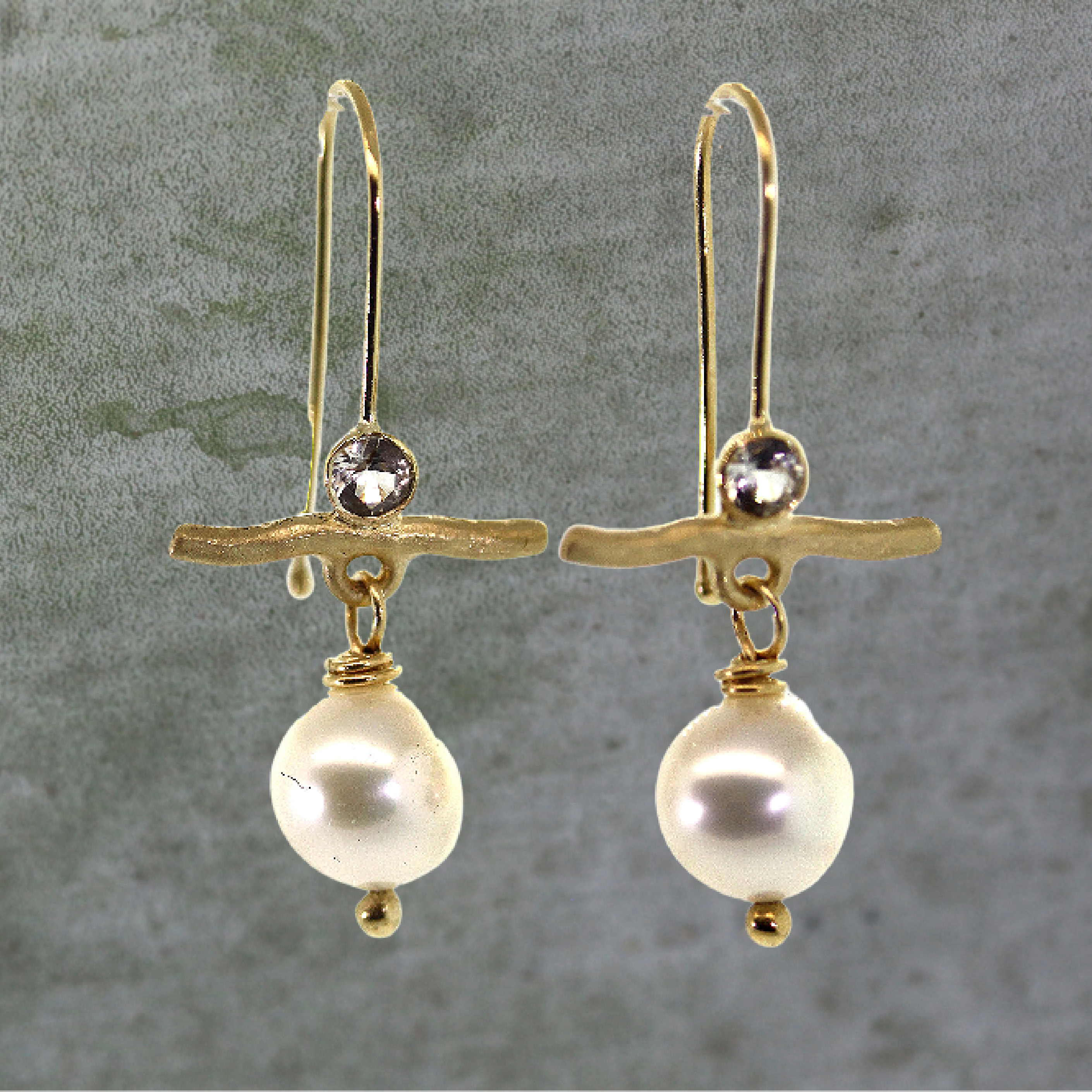 Pearl & Sapphire Gold Bar Earrings