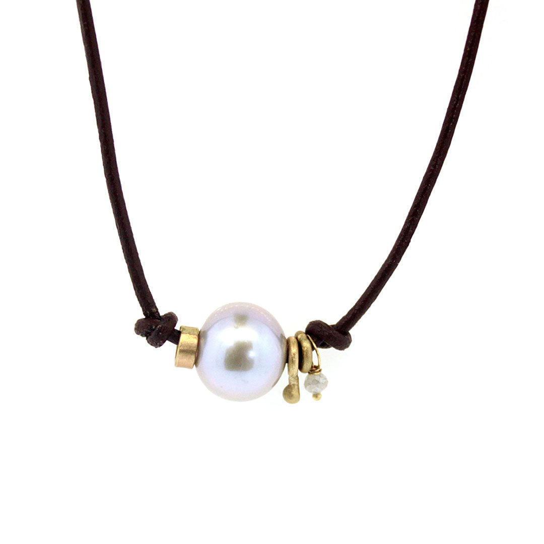 Leather Pearl & Gold Ring Necklace - Pearl and Leather Necklace - Rebecca Lankford Designs