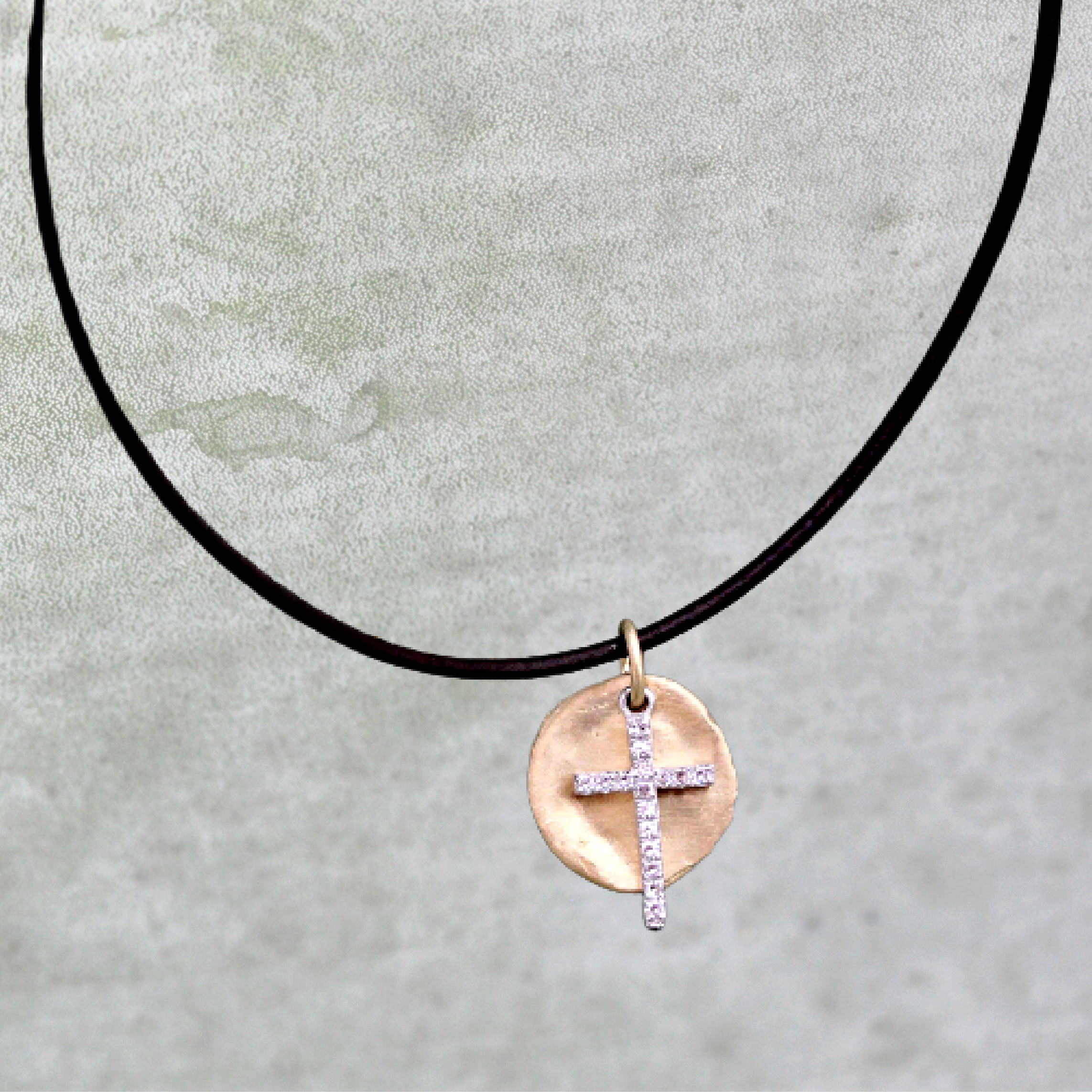 Gold Disc & Cross Leather Necklace