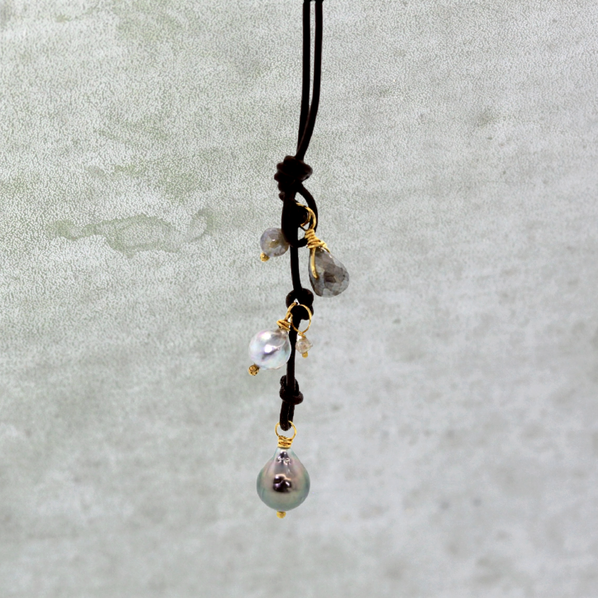 Pearl & Labradorite Leather Lariat Necklace