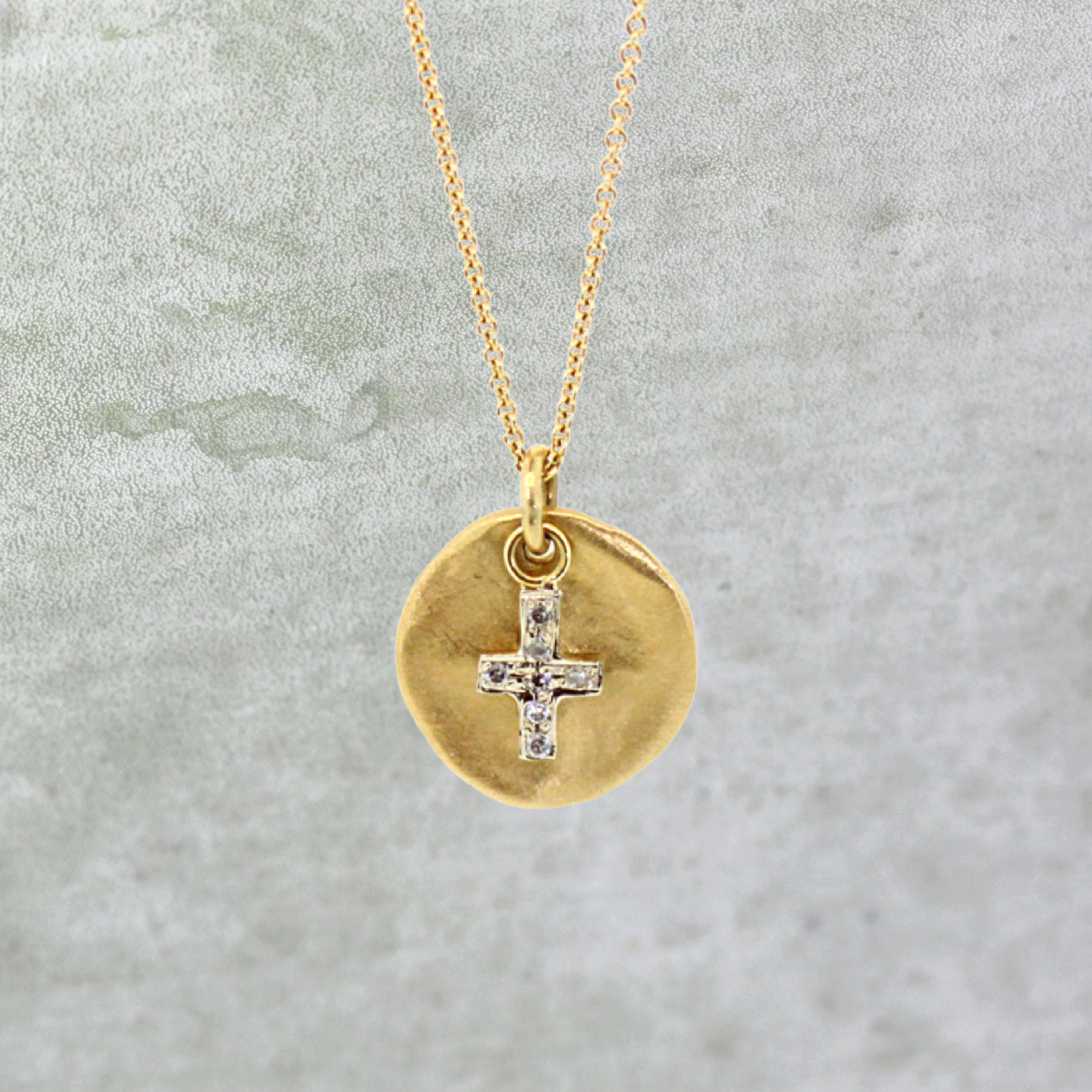 Gold Disc & Diamond Cross Necklace