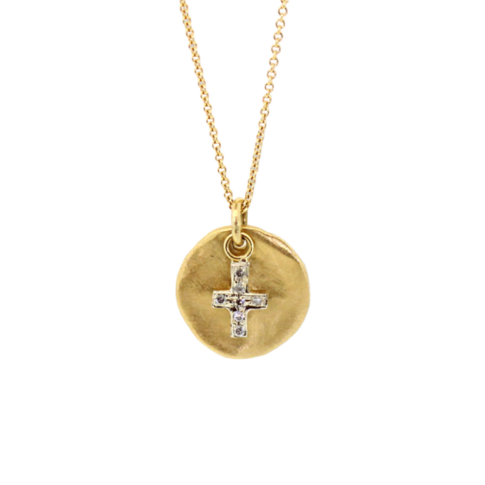 Gold Disc & Diamond Cross Necklace